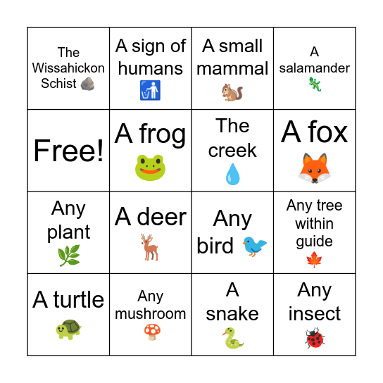 Wissahickon Field Trip Nature Bingo Card