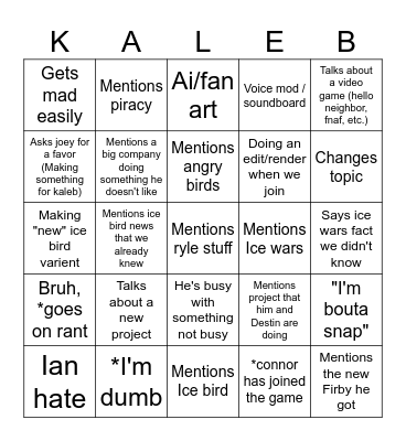 Kaleb Bingo Card
