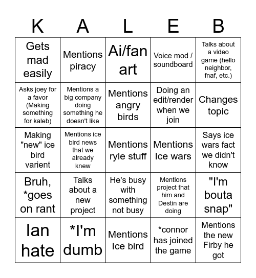 Kaleb Bingo Card