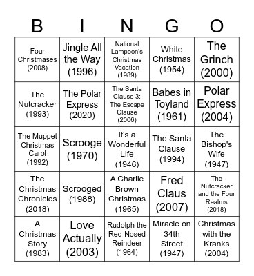 Christmas Movie Bingo Card