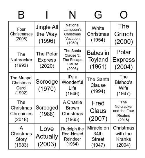 Christmas Movie Bingo Card