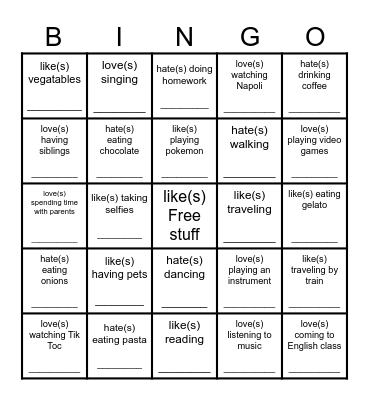 Love, Like, Hate Bingo Card