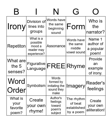 Elements of Poetry Bingo Card