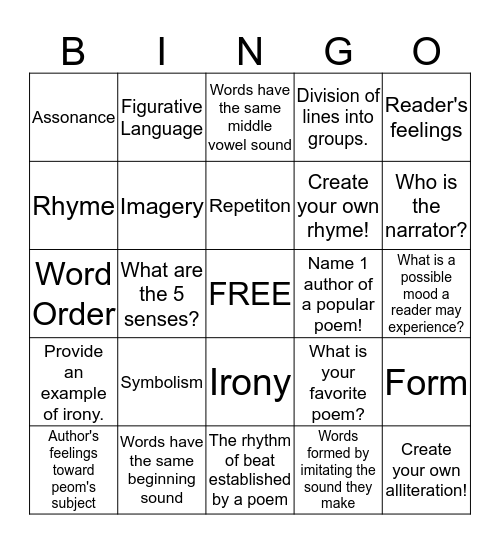 Elements of Poetry Bingo Card