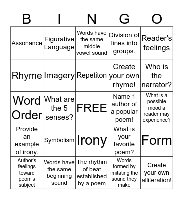 Elements of Poetry Bingo Card