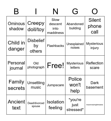 Psychological Horror Movie Bingo Card