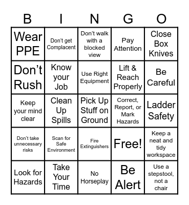 Safety Bingo Card