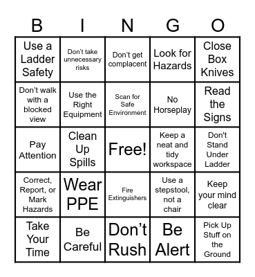 Safety Bingo Card