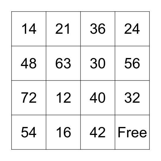 6,7,8 Multiplication Bingo Card