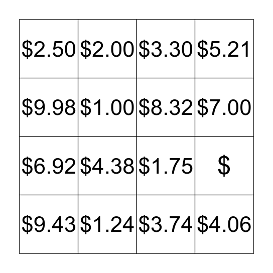 Money Bingo Card