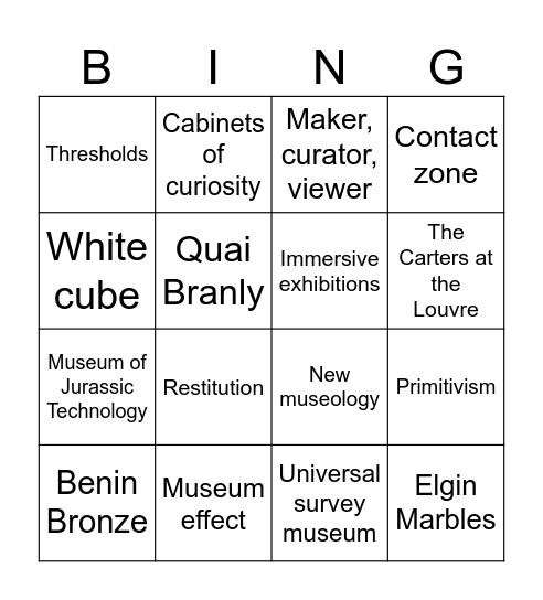 Museum Studies Midterm Bingo Card