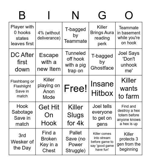 DBD Bingo Card