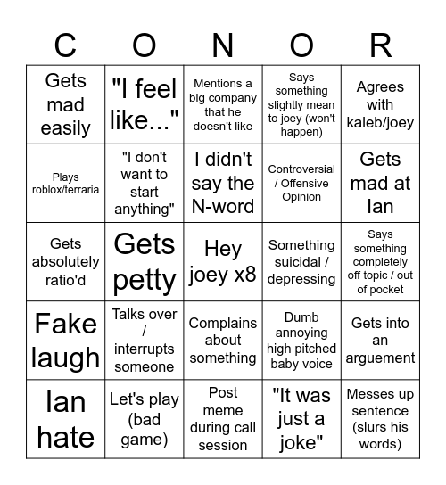 Connor Bingo Card