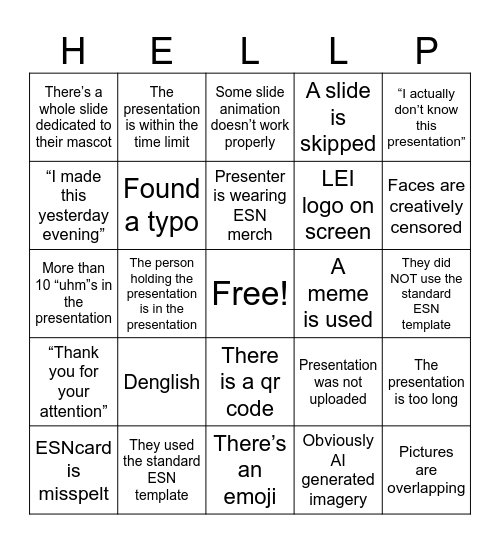 Section Presentation Bingo Card