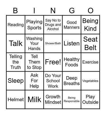 Healthy Choices Bingo Card