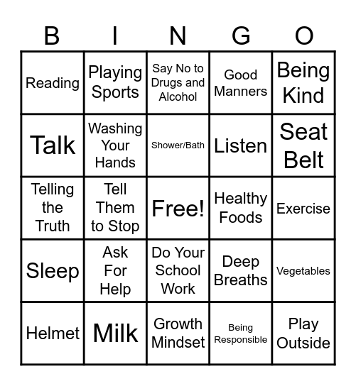 Healthy Choices Bingo Card