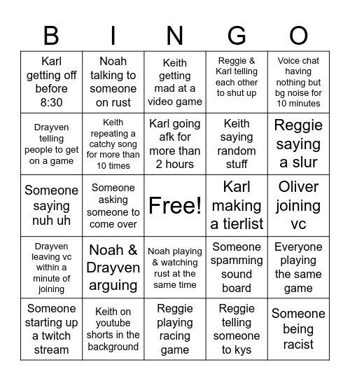 Voice Chat Bingo Card