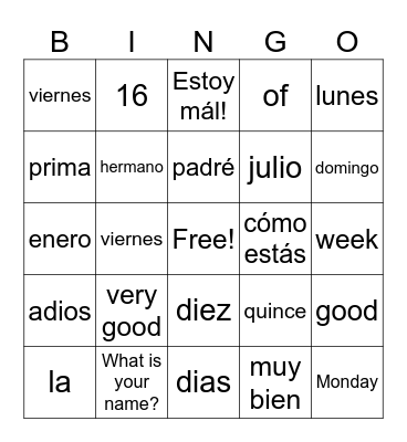 Greetings, Feelings, Numbers, Days, Months, Family Bingo Card