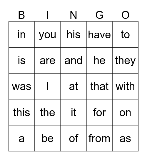 Sight Words 1-25 Bingo Card