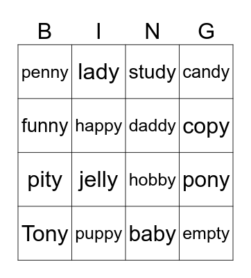 Y as a vowel long e Bingo Card