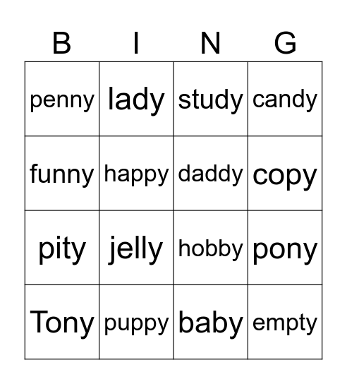 Y as a vowel long e Bingo Card