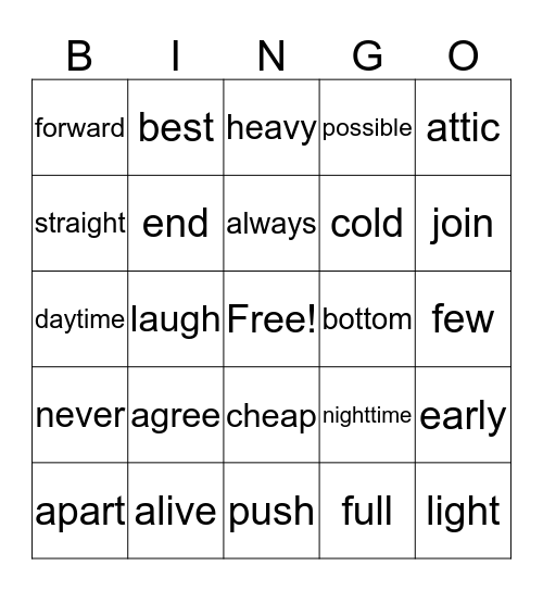 Antonyms/Opposites Bingo Card