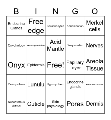 Integumentary System Bingo Card