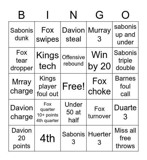Kings Bingo Card