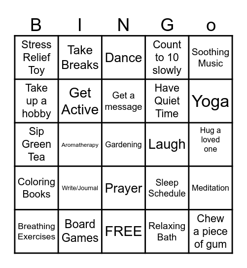 Relaxation Tips Bingo Card