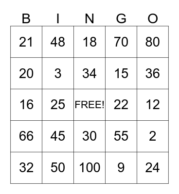 Times table bingo  Bingo Card