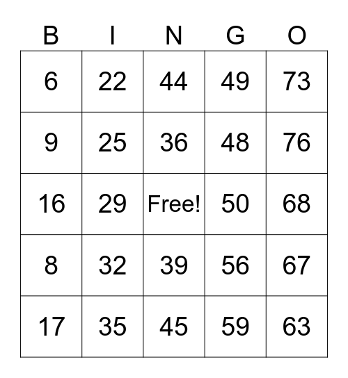 Number Bingo 1-78 Bingo Card