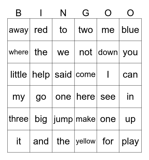 PRE-PRIMER Dolch Words Bingo Card