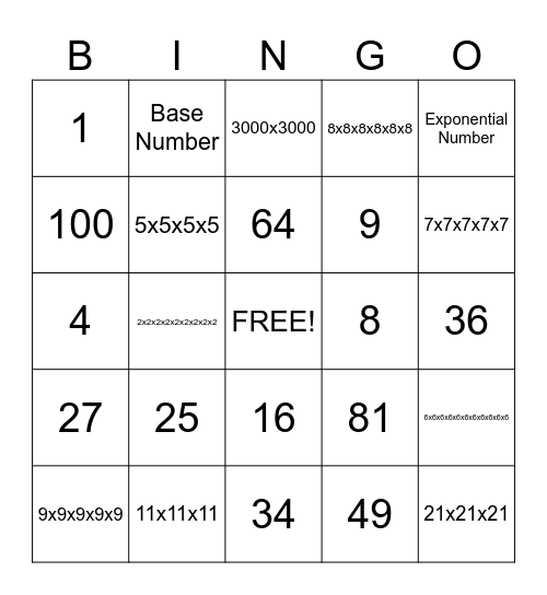 Exponent Bingo Card