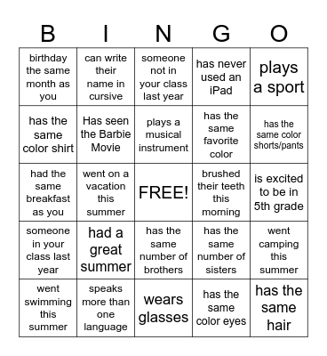 Classmate BINGO Card