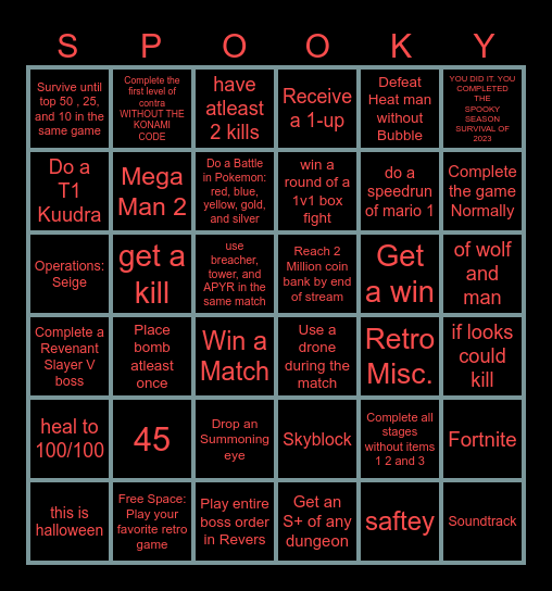 Spooky Season Survival 2023 | 5x5 Challenge Board Bingo Card