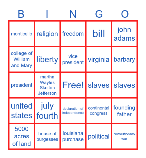 Thomas Jefferson Bingo Card