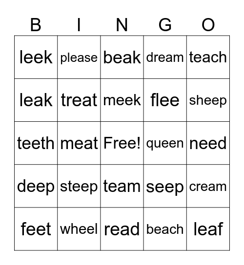 ea (seat) ee (feet) Bingo Card