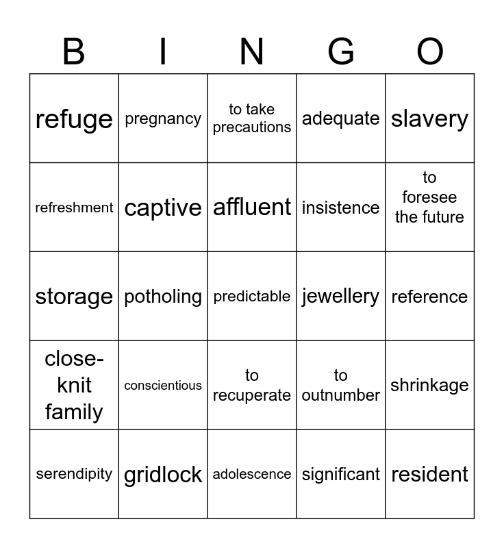 Vocabulary revision - unit 1 and 2 Bingo Card
