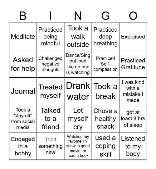 Self-Care Bingo Card