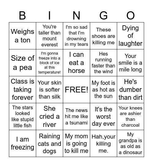 Hyperbole Bingo! Bingo Card