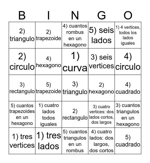 2D Shapes Bingo Card