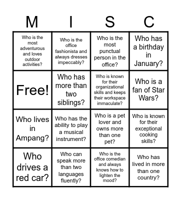 Bingo Bonggo Bingo Card