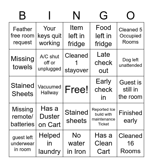 Housekeeping Bingo Card
