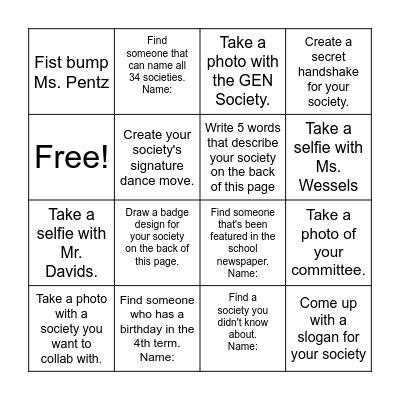 Societies Training Bingo Card