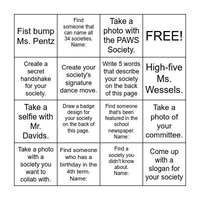 Societies Training Bingo Card