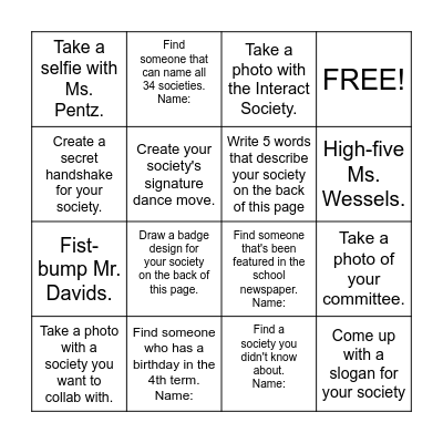 Societies Training Bingo Card