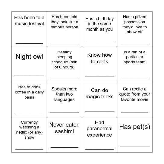 B I N G O Bingo Card