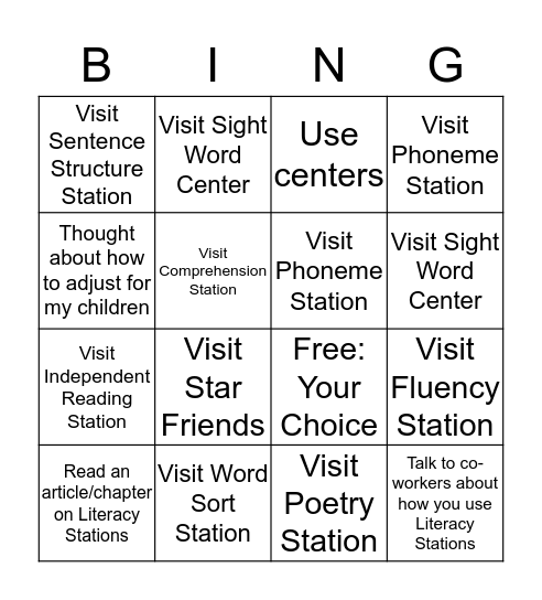 Literacy Centers Bingo Card