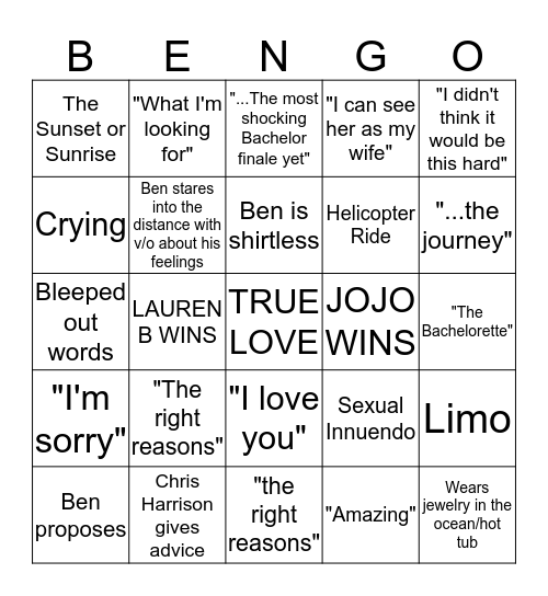 BACHELOR FINALE Bingo Card