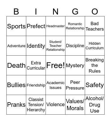 School Novel Conventions Bingo Card
